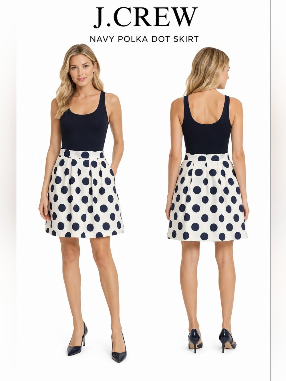 J.Crew Pleated A-Line Skirt Women White Navy Polka Dot Fully Lined Size 4